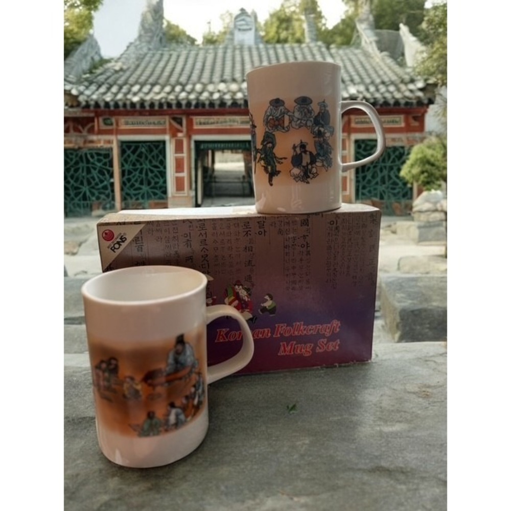 "Wonderful Korea" Coffee Tea Ceramic Mugs Cups Set of Two Korean Souvenirs